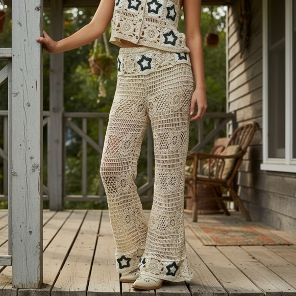 POL High-Rise Star Patchwork Openwork Granny Crochet Flare Leg Retro 70’s Pants - Picture 3 of 16